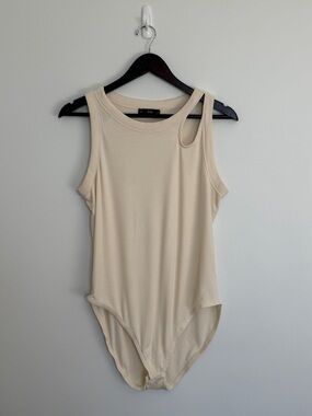 F&F Cream Ribbed Asymmetric Shoulder Bodysuit